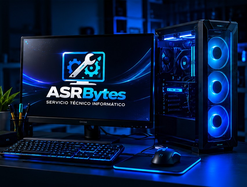 Ordenador de sobremesa iluminado en azul con la marca ASRBytes